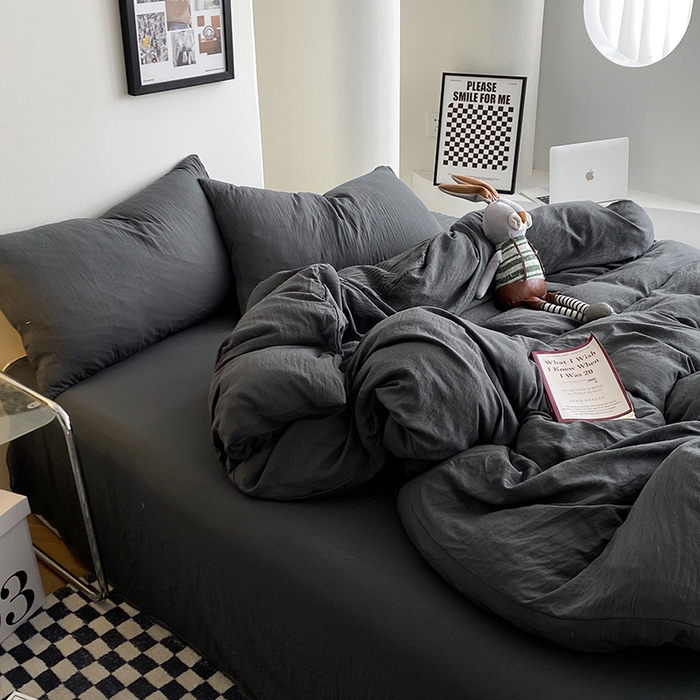 91家纺网 家纺一手货源 找家纺 南通菲度家纺 2025新款超柔皱皱水洗棉纯色四件套 深灰