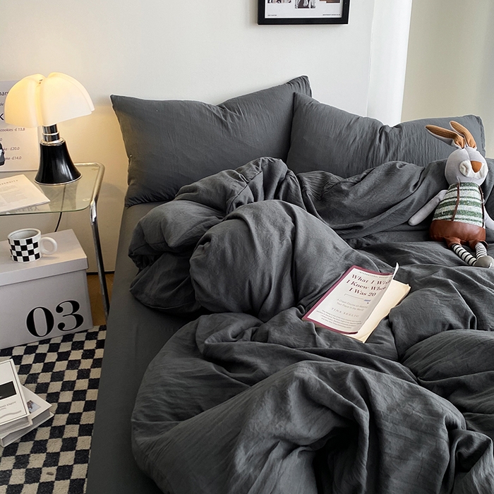 91家纺网 家纺一手货源 找家纺 南通菲度家纺 2025新款超柔皱皱水洗棉纯色四件套 深灰