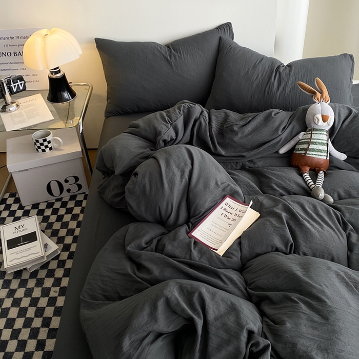 91家纺网 家纺一手货源 找家纺 南通菲度家纺 2025新款超柔皱皱水洗棉纯色四件套 深灰