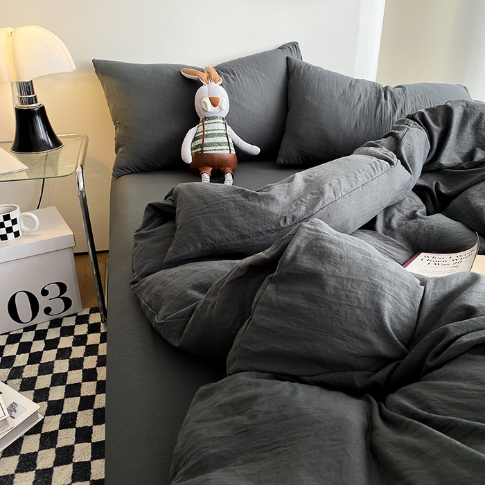 91家纺网 家纺一手货源 找家纺 南通菲度家纺 2025新款超柔皱皱水洗棉纯色四件套 深灰