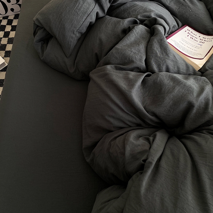 91家纺网 家纺一手货源 找家纺 南通菲度家纺 2025新款超柔皱皱水洗棉纯色四件套 深灰