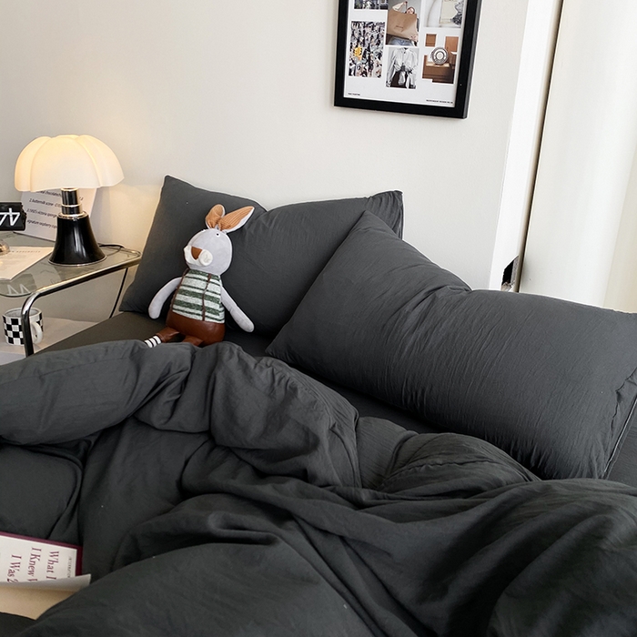 91家纺网 家纺一手货源 找家纺 南通菲度家纺 2025新款超柔皱皱水洗棉纯色四件套 深灰