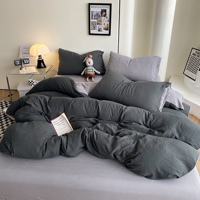91家纺网 家纺一手货源 找家纺 南通菲度家纺 2025新款超柔皱皱水洗棉纯色四件套 深灰浅灰