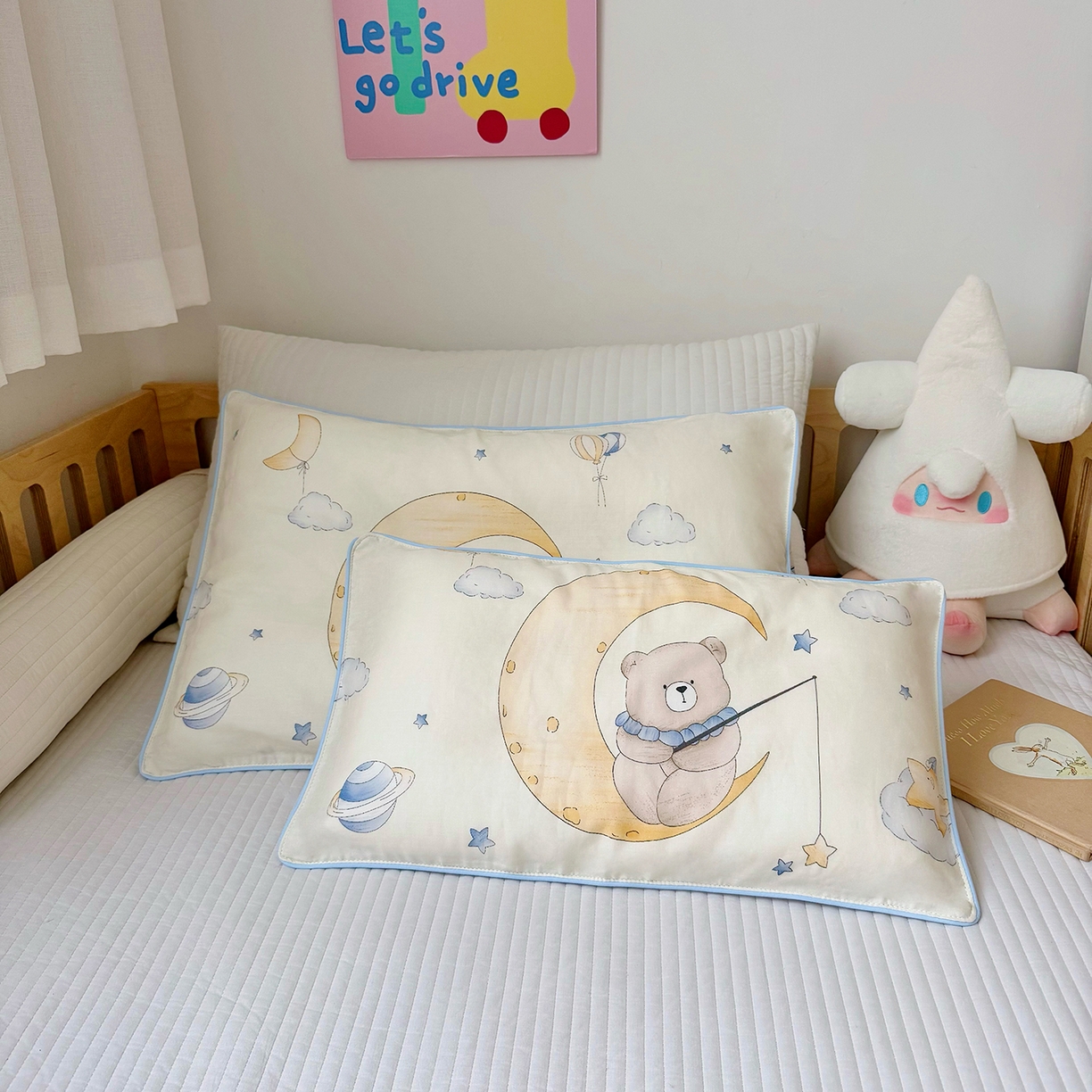 萌宝家纺 2025新款A类大版全棉儿童双层纱枕套纯棉宝宝纱布枕头 晚安熊