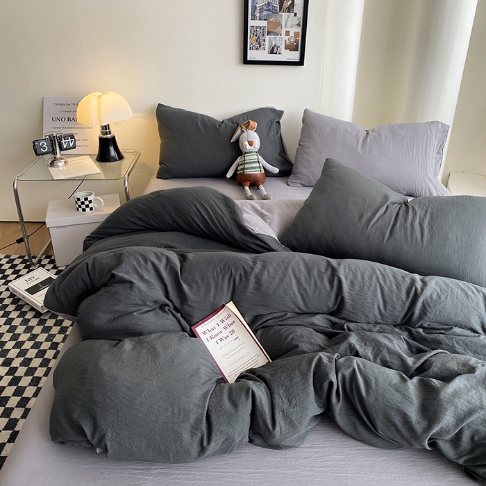91家纺网 家纺一手货源 找家纺 南通菲度家纺 2025新款超柔皱皱水洗棉纯色四件套 深灰浅灰