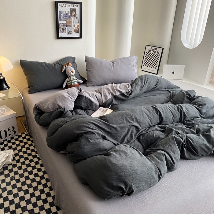 91家纺网 家纺一手货源 找家纺 南通菲度家纺 2025新款超柔皱皱水洗棉纯色四件套 深灰浅灰