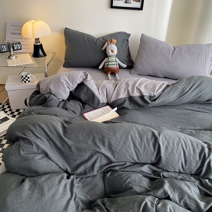 91家纺网 家纺一手货源 找家纺 南通菲度家纺 2025新款超柔皱皱水洗棉纯色四件套 深灰浅灰