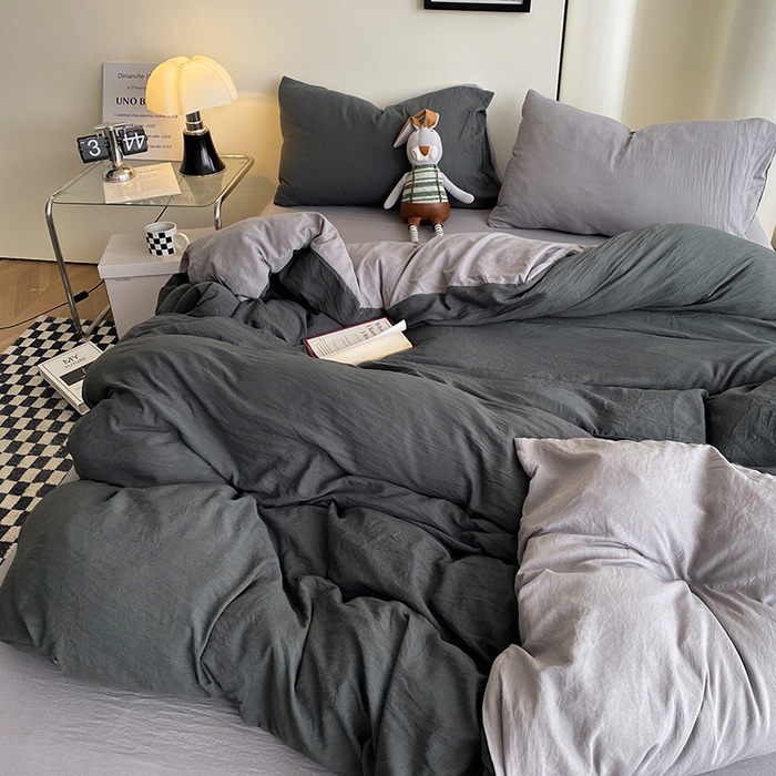 91家纺网 家纺一手货源 找家纺 南通菲度家纺 2025新款超柔皱皱水洗棉纯色四件套 深灰浅灰