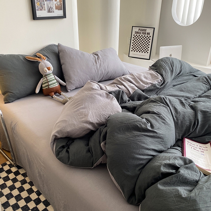 91家纺网 家纺一手货源 找家纺 南通菲度家纺 2025新款超柔皱皱水洗棉纯色四件套 深灰浅灰