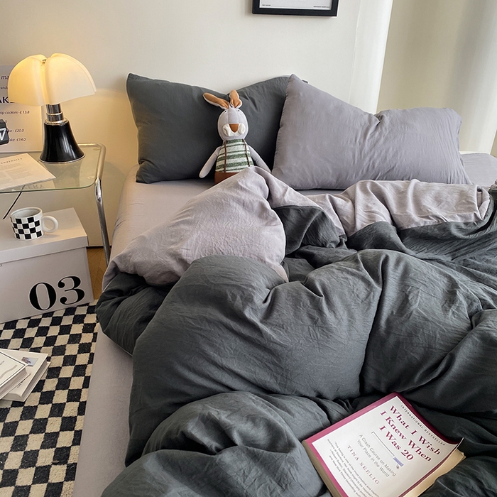 91家纺网 家纺一手货源 找家纺 南通菲度家纺 2025新款超柔皱皱水洗棉纯色四件套 深灰浅灰