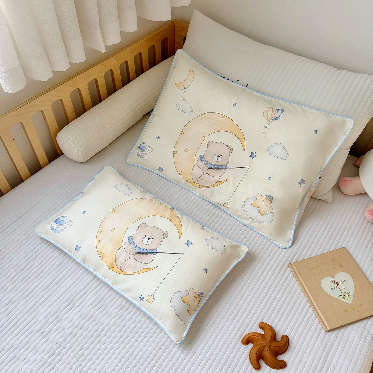 91家纺网 家纺一手货源 找家纺 萌宝家纺 2025新款A类大版全棉儿童双层纱枕套纯棉宝宝纱布枕头 晚安熊