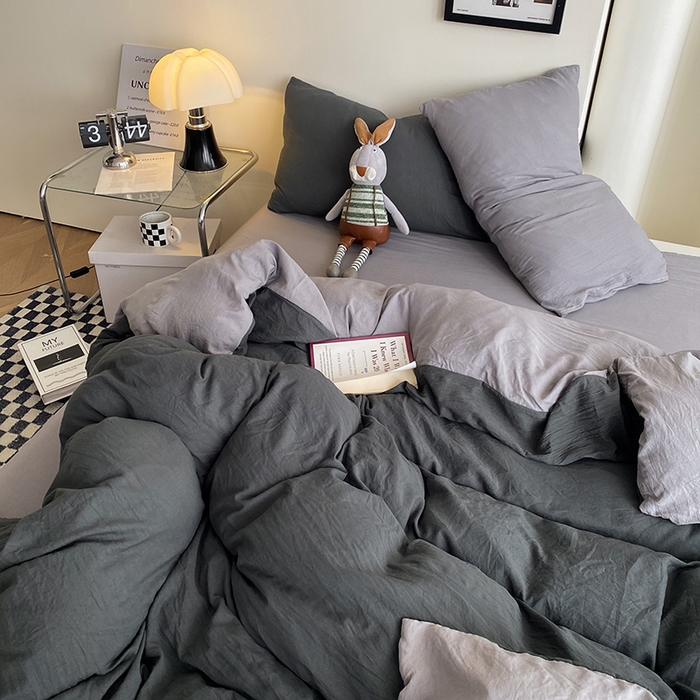 91家纺网 家纺一手货源 找家纺 南通菲度家纺 2025新款超柔皱皱水洗棉纯色四件套 深灰浅灰