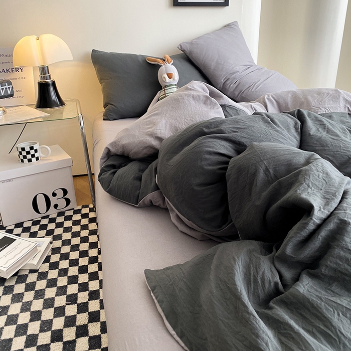 91家纺网 家纺一手货源 找家纺 南通菲度家纺 2025新款超柔皱皱水洗棉纯色四件套 深灰浅灰