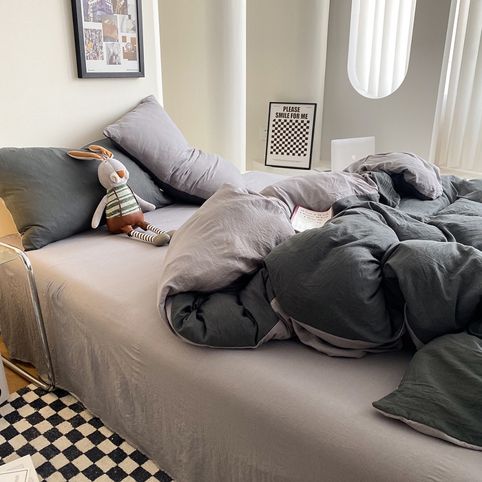 91家纺网 家纺一手货源 找家纺 南通菲度家纺 2025新款超柔皱皱水洗棉纯色四件套 深灰浅灰