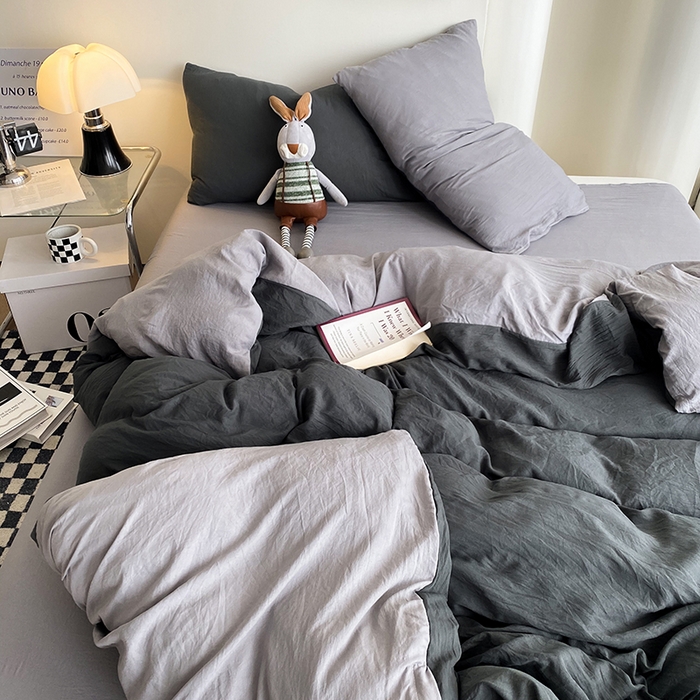 91家纺网 家纺一手货源 找家纺 南通菲度家纺 2025新款超柔皱皱水洗棉纯色四件套 深灰浅灰