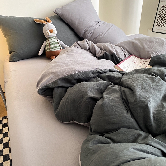 91家纺网 家纺一手货源 找家纺 南通菲度家纺 2025新款超柔皱皱水洗棉纯色四件套 深灰浅灰