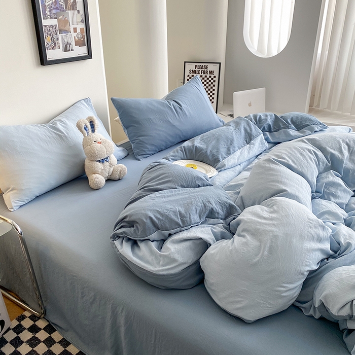 91家纺网 家纺一手货源 找家纺 南通菲度家纺 2025新款超柔皱皱水洗棉纯色四件套 雾蓝月光蓝