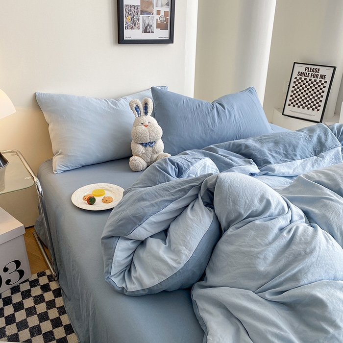 91家纺网 家纺一手货源 找家纺 南通菲度家纺 2025新款超柔皱皱水洗棉纯色四件套 雾蓝月光蓝