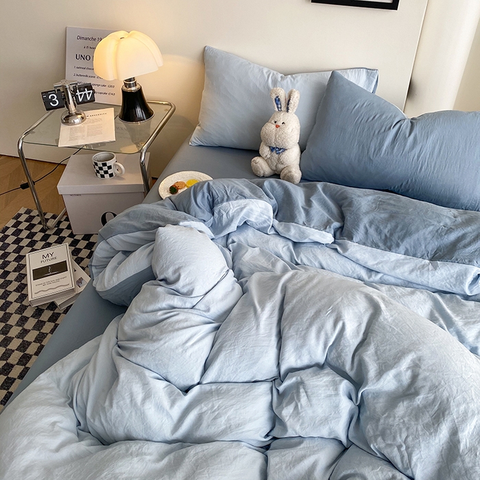 91家纺网 家纺一手货源 找家纺 南通菲度家纺 2025新款超柔皱皱水洗棉纯色四件套 雾蓝月光蓝