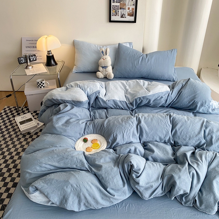 91家纺网 家纺一手货源 找家纺 南通菲度家纺 2025新款超柔皱皱水洗棉纯色四件套 雾蓝月光蓝