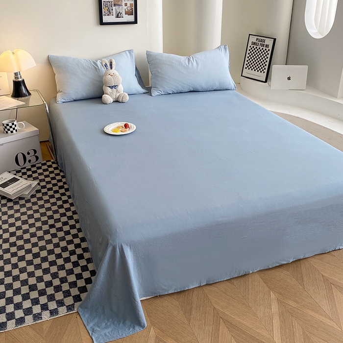 91家纺网 家纺一手货源 找家纺 南通菲度家纺 2025新款超柔皱皱水洗棉纯色四件套 雾蓝月光蓝