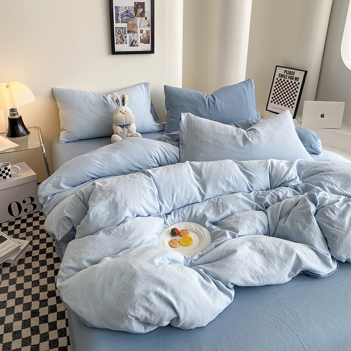 91家纺网 家纺一手货源 找家纺 南通菲度家纺 2025新款超柔皱皱水洗棉纯色四件套 雾蓝月光蓝