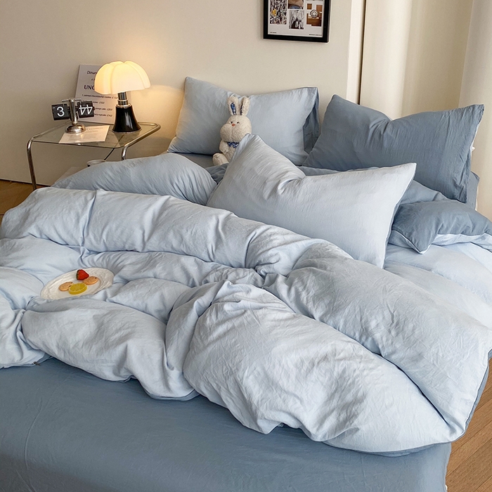 91家纺网 家纺一手货源 找家纺 南通菲度家纺 2025新款超柔皱皱水洗棉纯色四件套 雾蓝月光蓝