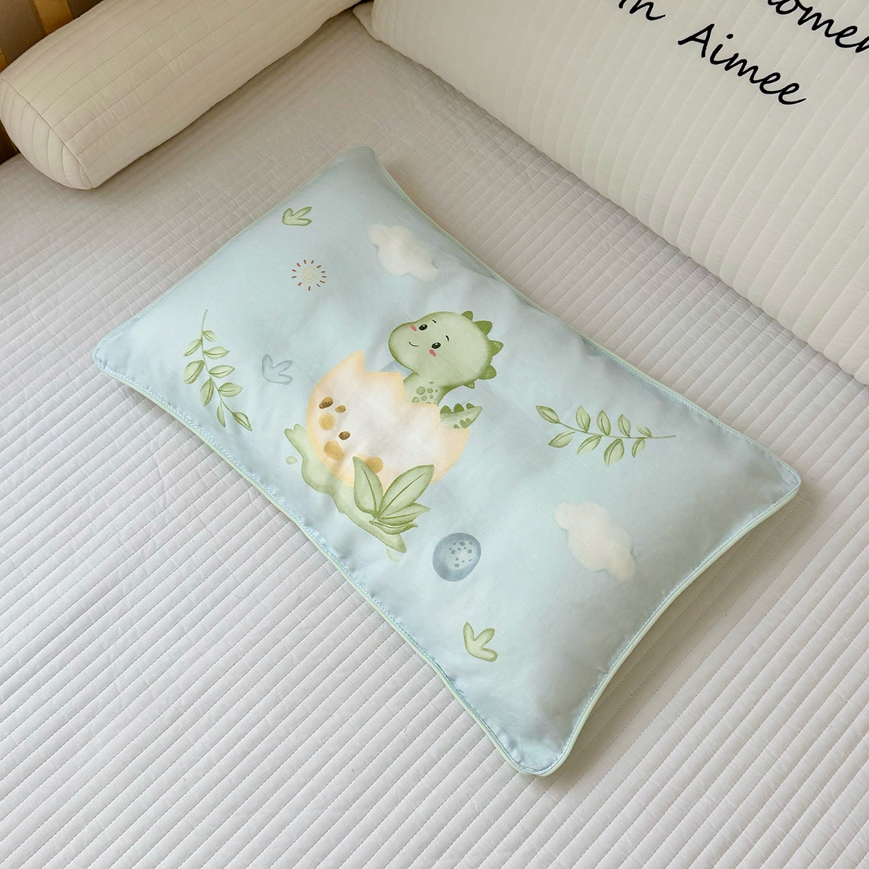 91家纺网 家纺一手货源 找家纺 萌宝家纺 2025新款A类大版全棉儿童双层纱枕套纯棉宝宝纱布枕头 小恐龙