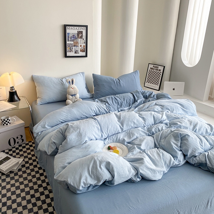 91家纺网 家纺一手货源 找家纺 南通菲度家纺 2025新款超柔皱皱水洗棉纯色四件套 雾蓝月光蓝