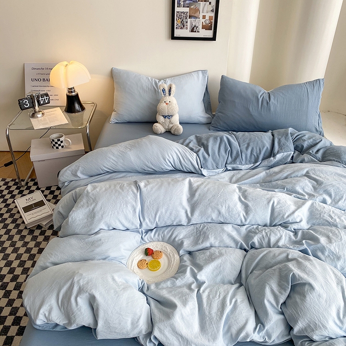 91家纺网 家纺一手货源 找家纺 南通菲度家纺 2025新款超柔皱皱水洗棉纯色四件套 雾蓝月光蓝