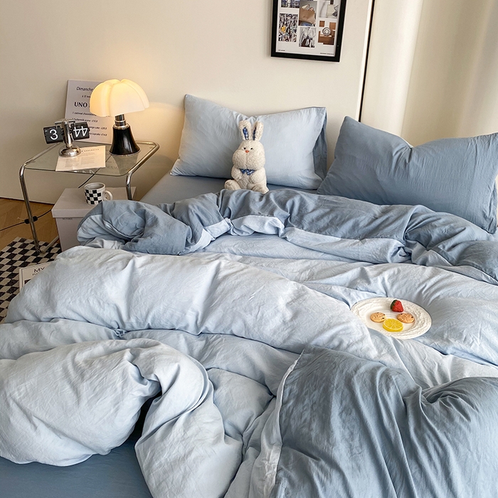 91家纺网 家纺一手货源 找家纺 南通菲度家纺 2025新款超柔皱皱水洗棉纯色四件套 雾蓝月光蓝