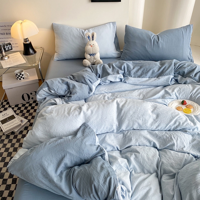 91家纺网 家纺一手货源 找家纺 南通菲度家纺 2025新款超柔皱皱水洗棉纯色四件套 雾蓝月光蓝