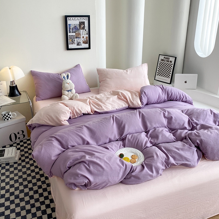 91家纺网 家纺一手货源 找家纺 南通菲度家纺 2025新款超柔皱皱水洗棉纯色四件套 香芋奶粉