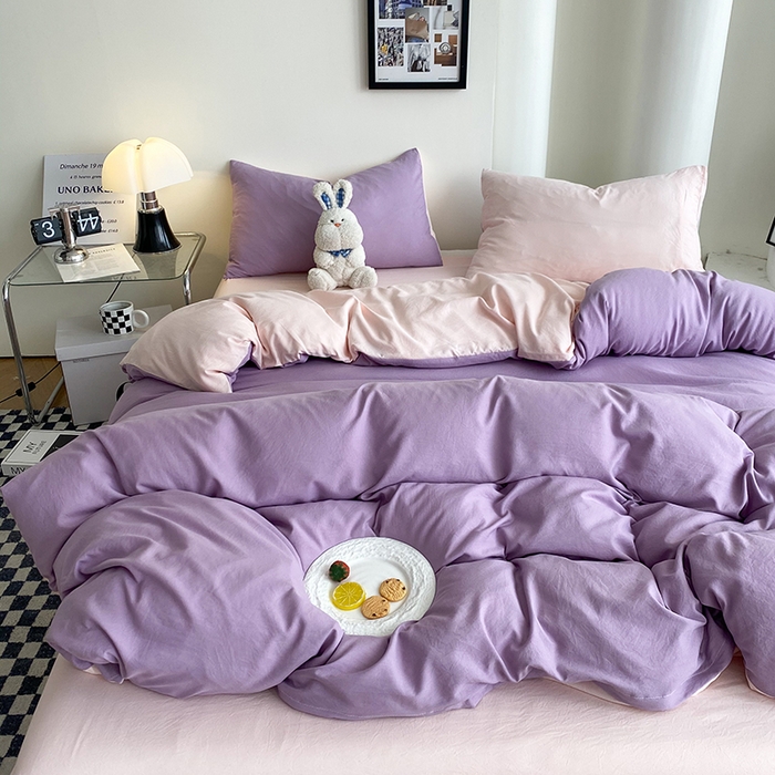 91家纺网 家纺一手货源 找家纺 南通菲度家纺 2025新款超柔皱皱水洗棉纯色四件套 香芋奶粉