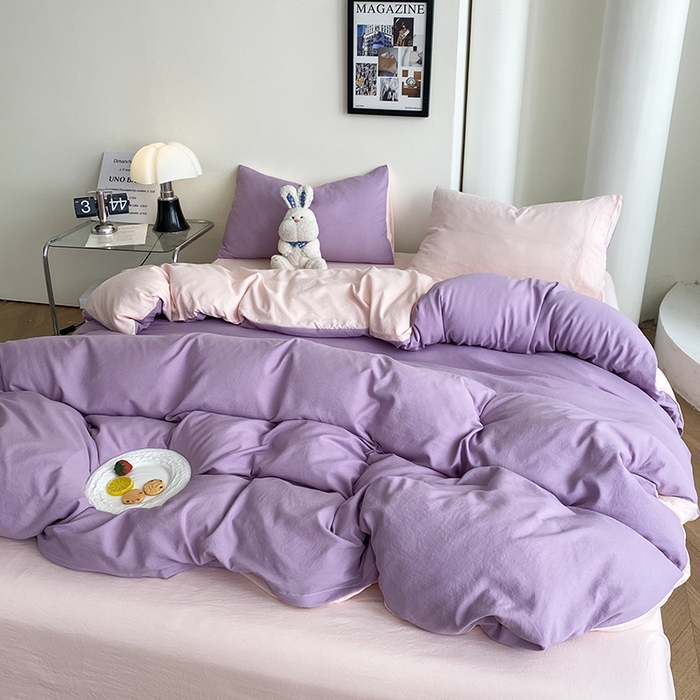 91家纺网 家纺一手货源 找家纺 南通菲度家纺 2025新款超柔皱皱水洗棉纯色四件套 香芋奶粉