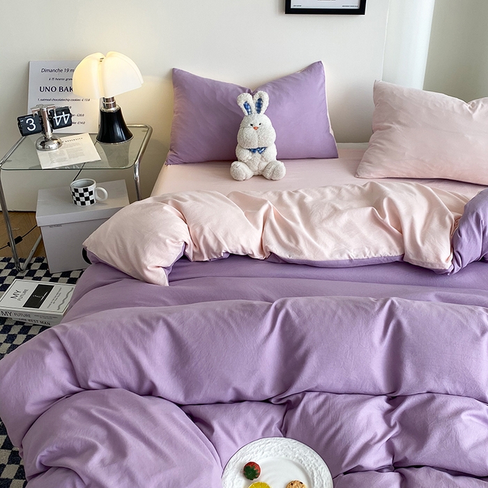 91家纺网 家纺一手货源 找家纺 南通菲度家纺 2025新款超柔皱皱水洗棉纯色四件套 香芋奶粉