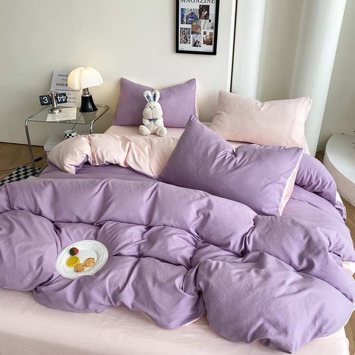 91家纺网 家纺一手货源 找家纺 南通菲度家纺 2025新款超柔皱皱水洗棉纯色四件套 香芋奶粉