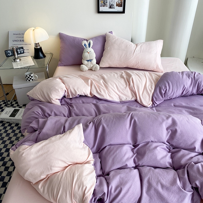 91家纺网 家纺一手货源 找家纺 南通菲度家纺 2025新款超柔皱皱水洗棉纯色四件套 香芋奶粉