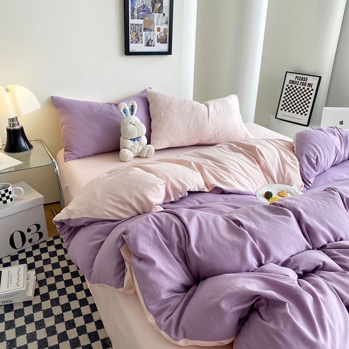 91家纺网 家纺一手货源 找家纺 南通菲度家纺 2025新款超柔皱皱水洗棉纯色四件套 香芋奶粉