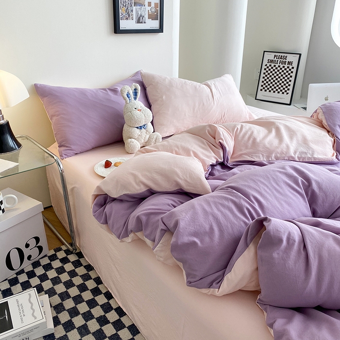 91家纺网 家纺一手货源 找家纺 南通菲度家纺 2025新款超柔皱皱水洗棉纯色四件套 香芋奶粉