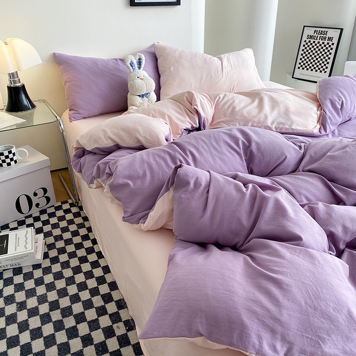 91家纺网 家纺一手货源 找家纺 南通菲度家纺 2025新款超柔皱皱水洗棉纯色四件套 香芋奶粉