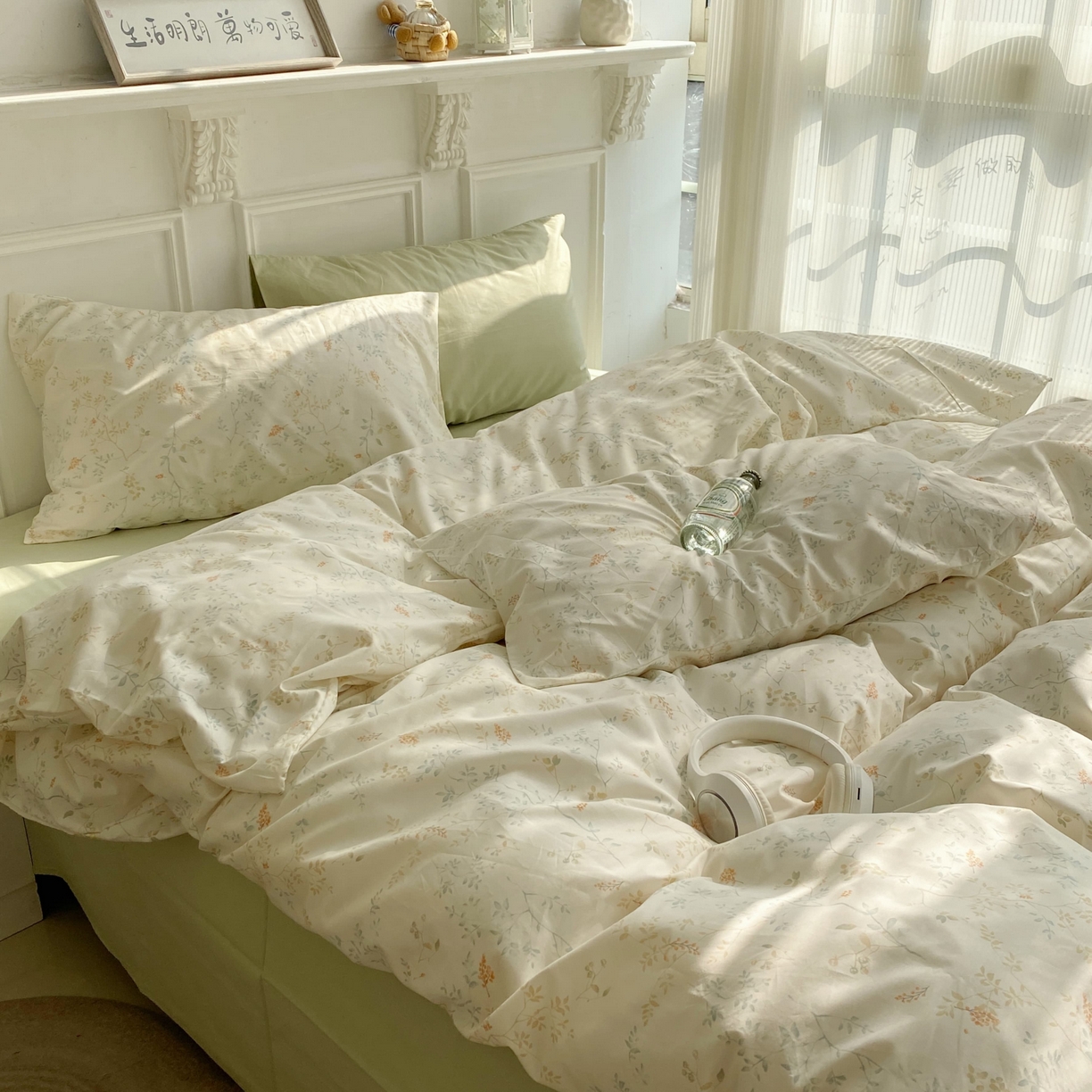 91家纺网 家纺一手货源 找家纺 花海 2025年第一批小清新碎花全棉纯棉四件套40支13372ins博主风学生宿舍印花AA版纯色床单 椿枝(绿)