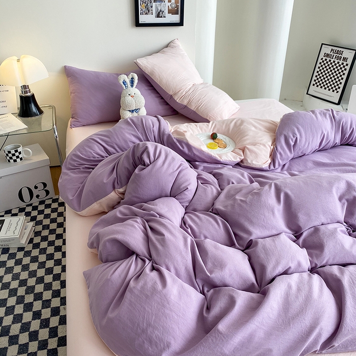 91家纺网 家纺一手货源 找家纺 南通菲度家纺 2025新款超柔皱皱水洗棉纯色四件套 香芋奶粉