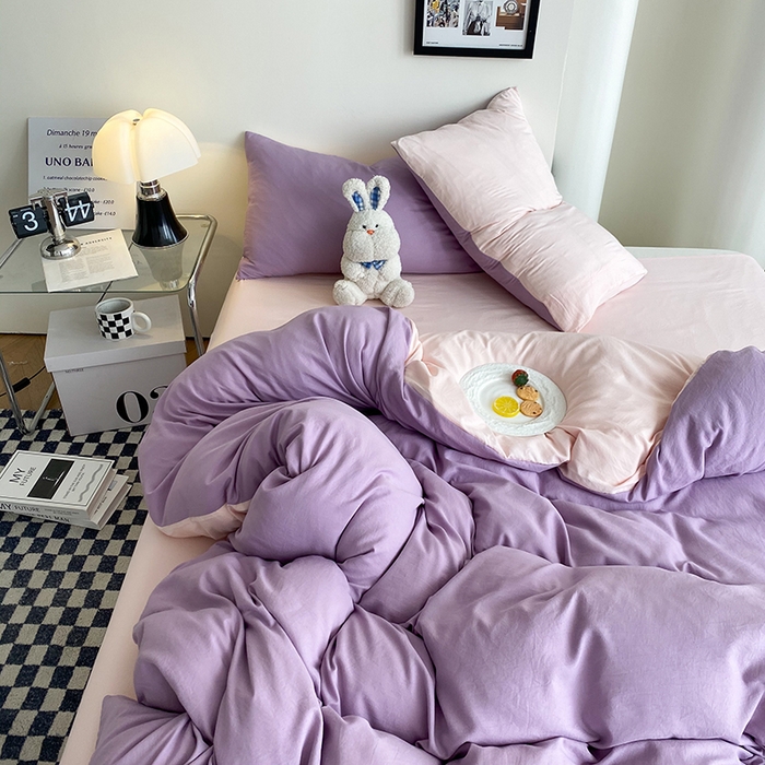 91家纺网 家纺一手货源 找家纺 南通菲度家纺 2025新款超柔皱皱水洗棉纯色四件套 香芋奶粉