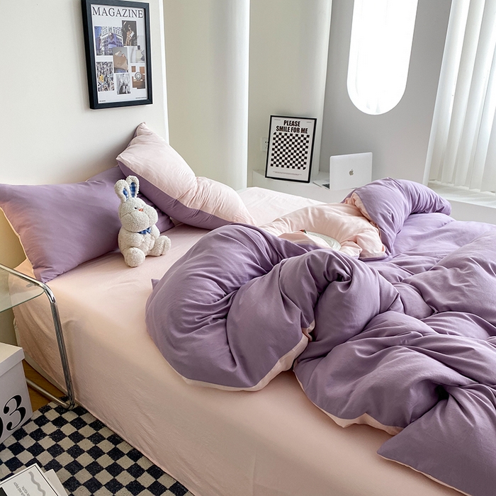 91家纺网 家纺一手货源 找家纺 南通菲度家纺 2025新款超柔皱皱水洗棉纯色四件套 香芋奶粉