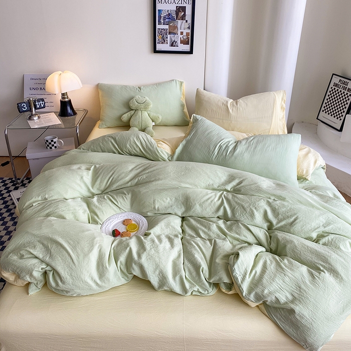 91家纺网 家纺一手货源 找家纺 南通菲度家纺 2025新款超柔皱皱水洗棉纯色四件套 芝士奶绿