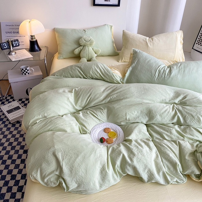 91家纺网 家纺一手货源 找家纺 南通菲度家纺 2025新款超柔皱皱水洗棉纯色四件套 芝士奶绿