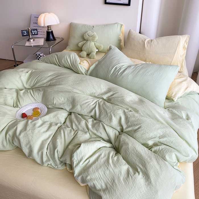 91家纺网 家纺一手货源 找家纺 南通菲度家纺 2025新款超柔皱皱水洗棉纯色四件套 芝士奶绿