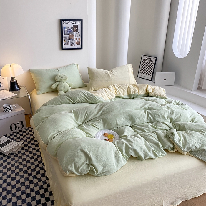 91家纺网 家纺一手货源 找家纺 南通菲度家纺 2025新款超柔皱皱水洗棉纯色四件套 芝士奶绿