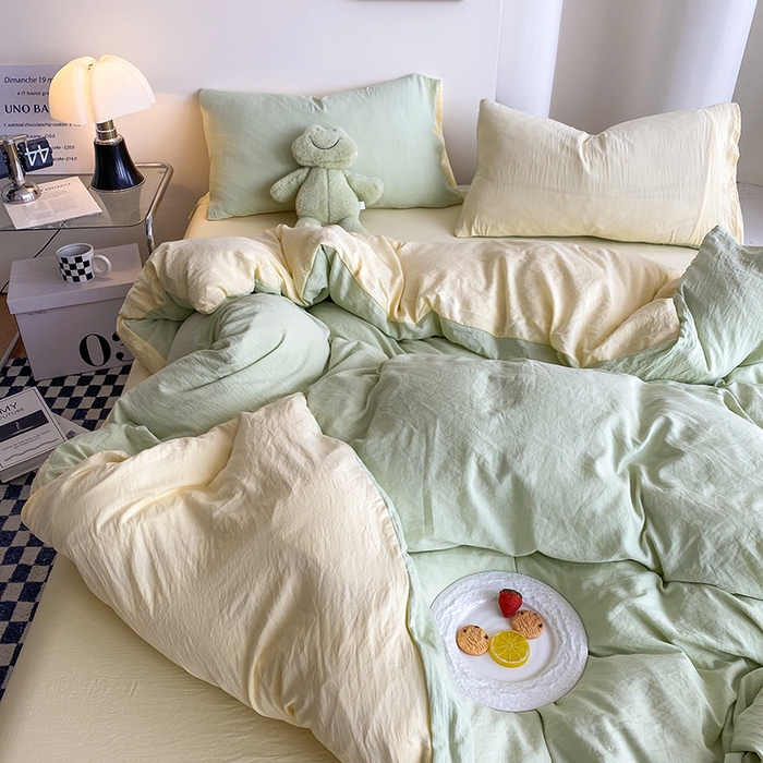 91家纺网 家纺一手货源 找家纺 南通菲度家纺 2025新款超柔皱皱水洗棉纯色四件套 芝士奶绿